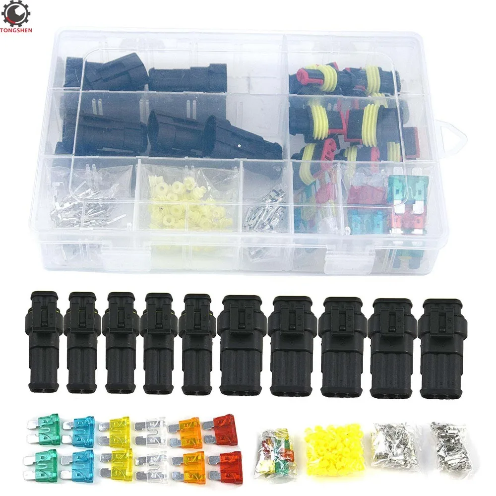 

10Set Car Sealed Waterproof Electrical Wire Connector Plug Terminals 2/3 Pin with 24Pcs Fuses Car Motorcycle HID auto connector