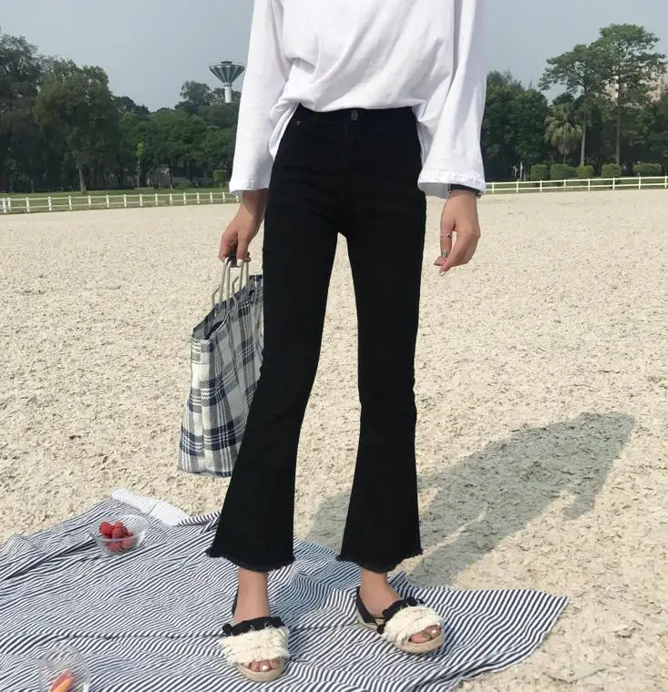 Корейская версия однотонных обтягивающих расклешенных брюк с высокой талией, модные женские джинсы Harajuku, элегантные женские брюки
