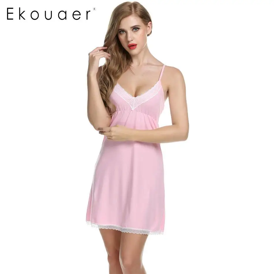 Ekouaer, сексуальная ночная рубашка для женщин, на бретелях, спагетти, мини, v-образный вырез, кружевная отделка, ночная рубашка, женское белье, ночная рубашка - Цвет: Pink