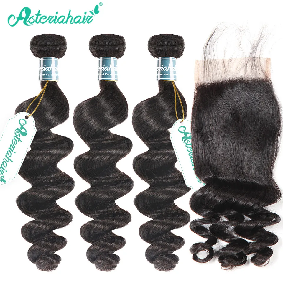 Paquetes de onda suelta de pelo de Asteria con cierre brasileño cabello humano tejido 3 paquetes con cierre de encaje extensiones de cabello Remy Paquetes de onda suelta de pelo de Asteria con cierre brasileño cabello humano tejido 3 paquetes con cierre de encaje extensiones de cabello Remy