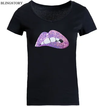 

BLINGSTORY High Street Sequin T-shirt Femme Summer Top Cotton Plus Size Women Tops 5xl V-neck Tee Shirt Dropship
