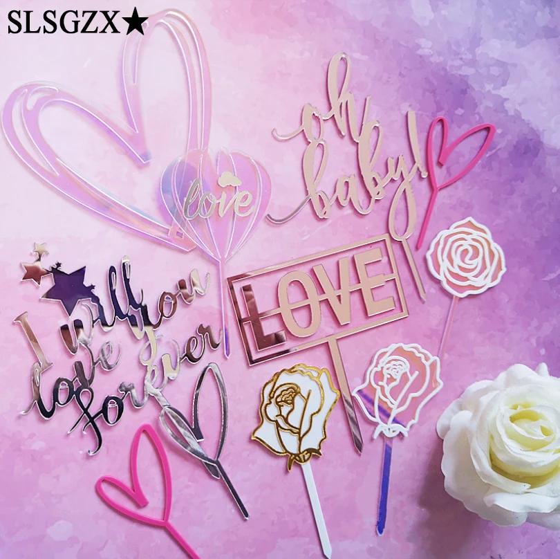

Pink Golden Glitter Acrylic Happy Birthday Cake Topper Cupcake Toppers Baby Shower Cake Flags Birthday Party Wedding Decoration
