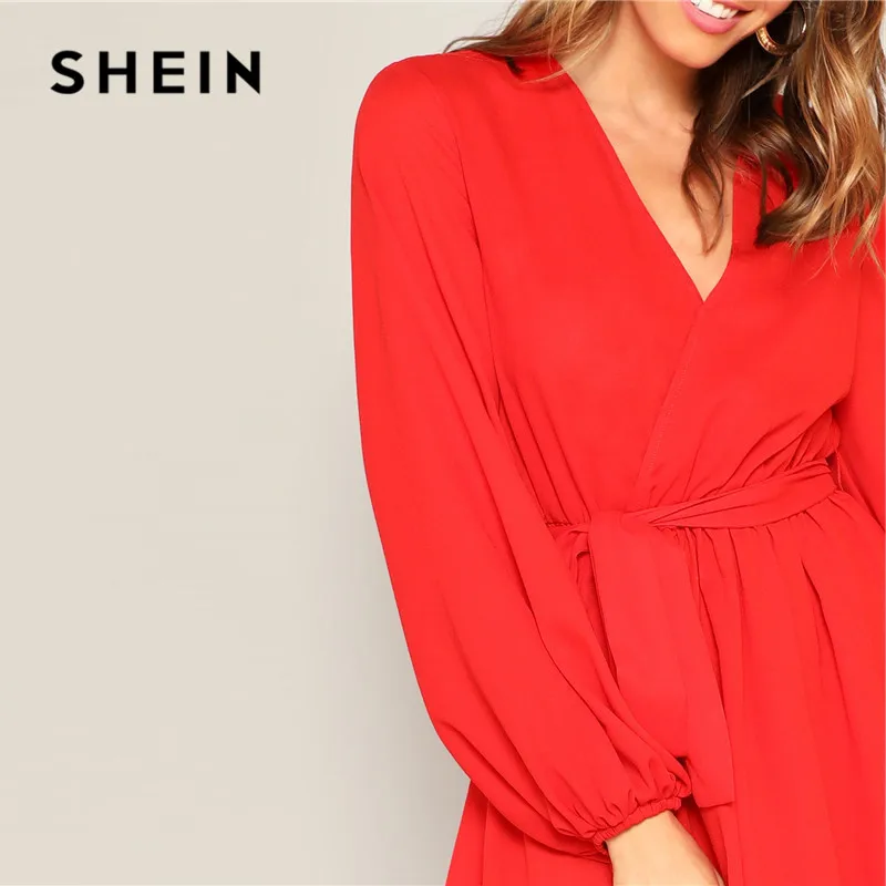 SHEIN Платье На Запах С Поясом, Оригинальным Рукавом И Глубоким V-образным Вырезом Одноцветное Платье Свободного Кроя