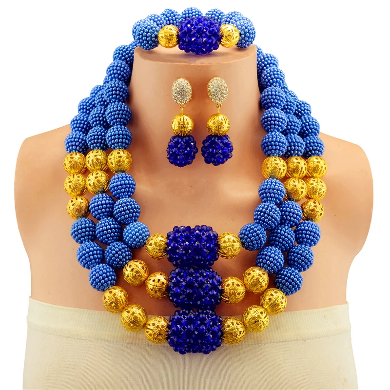 

2017 New Exquisite Fashion Dubai Gold Color Jewelry Set High Quality Blue Nigerian Wedding African Beads Jewelry Set