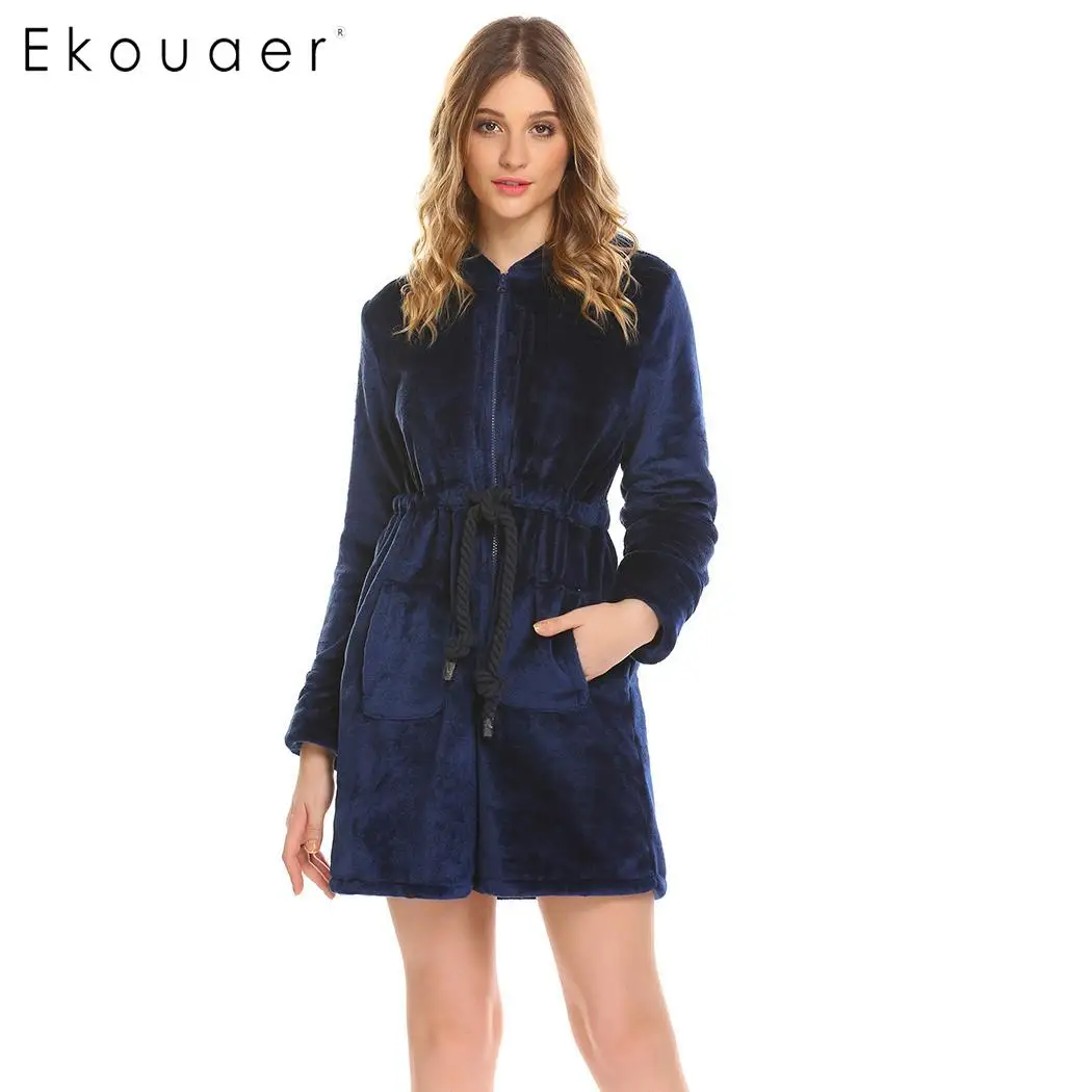 Ekouaer Women Bathrobe Sleepwear Winter Warm Robe Dressing Gown Casual Hooded Long Sleeve Zipper