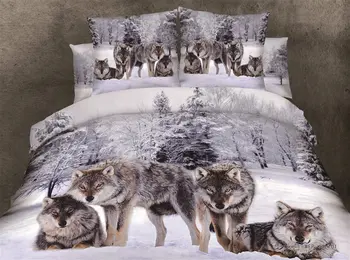 

4PC/set 100% organic cotton 500T Unique Modern Animal print 3D bedding sets double queen king size bedsheet set duvet cover wolf