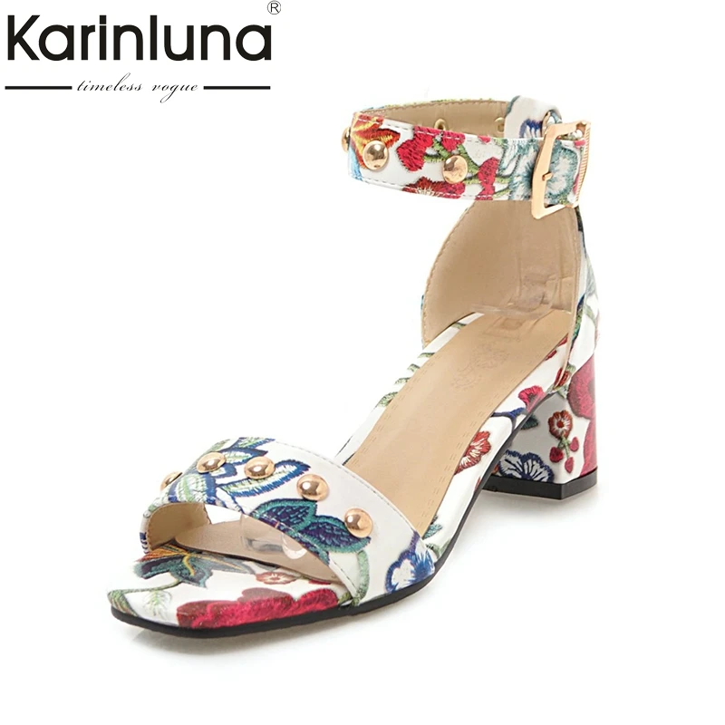 

KARINLUNA Big Size 33-43 Flowers Printing Concise ankle-strap Women Sandals Shoes Fashion Party Sandal Woman