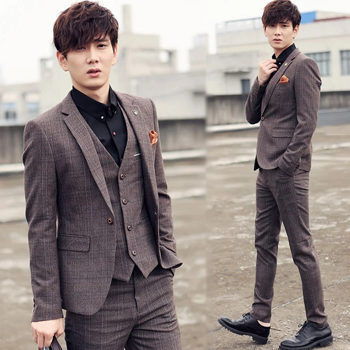 The new spring suits Korean font b tartans b font slim type groom wedding dress suit
