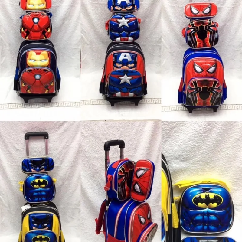

3pcs/set Primary School Trolley Bags Captain America Spiderman Batman Children Anime Backpack Schoolbag Child with Wheels 16