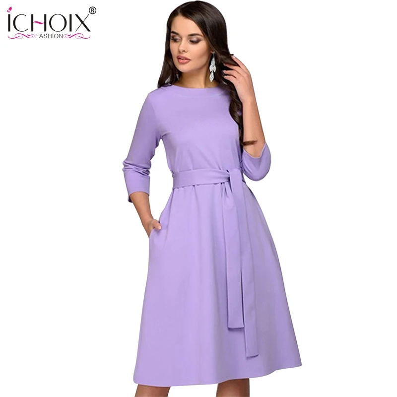 ICHOIX 2018 Spring Summer Solid Color Dress Three Quarter Sleeve Pockets Elegant Dress Women Loose Casual Dress Purple Vestido ICHOIX 2018 Spring Summer Solid Color Dress Three Quarter Sleeve Pockets Elegant Dress Women Loose Casual Dress Purple Vestido