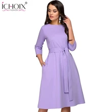 ICHOIX 2018 Spring Summer Solid Color Dress Three Quarter Sleeve Pockets Elegant Dress Women Loose Casual Dress Purple Vestido ICHOIX 2018 Spring Summer Solid Color Dress Three Quarter Sleeve Pockets Elegant Dress Women Loose Casual Dress Purple Vestido