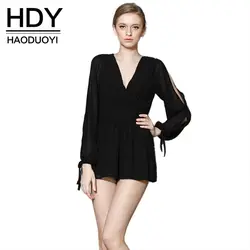 HDY Haoduoyi Sexy Sheer Высокая талия комбинезон шорты шифоновый комбинезон элегантный с глубоким вырезом OL с длинным рукавом с открытыми плечами