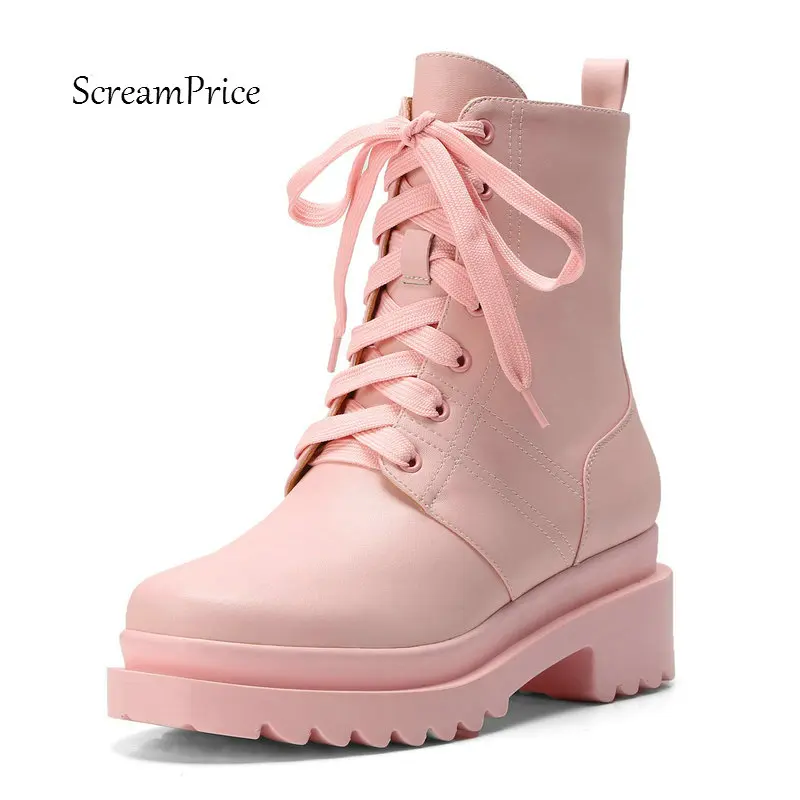 

Women Genuine Leather Comfort Square Heel Martin Boots Fashion Lace Up Ankle Boots Female Round Toe Fall Winter Shoes Black
