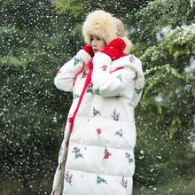 Хлопок Вышивка Ретро утолщение длинное вышитое с капюшоном Женское зимнее пальто