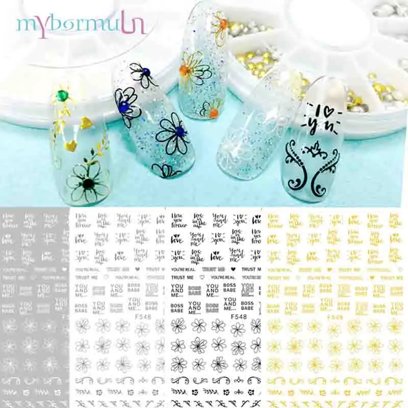 

1 Sheet Gold Silver Black White 3D Nail Art Stickers english letters Number Love Decals Decorations DIY Salon Tips MYF545-551