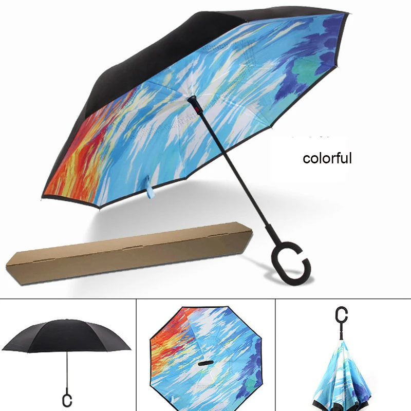 Перевернутый зонтик, двойной слой зонта для мужчин и женщин, с ручкой, ветрозащитный, защита от солнца, дождя, Parapluie Invertido Paraguas - Цвет: colorful with box