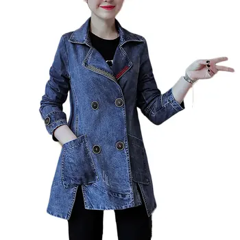 

Autumn Denim Outwear Woman Casual Clothes Cowboy Coat Women Long Joker Leisure Trench Overcoats Double Breasted Outfit Long Top