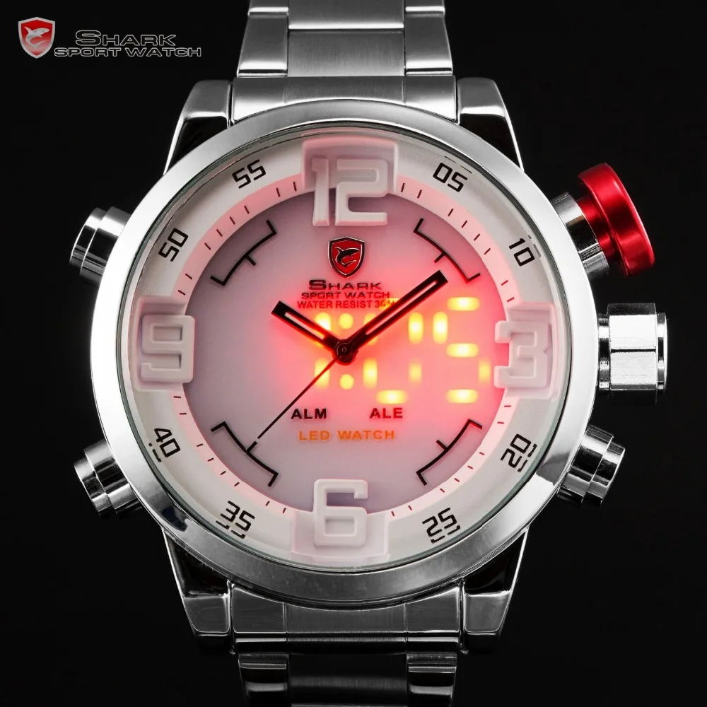Gulper SHARK Sport Watch Stainless Full Steel Silver Japan Movement Dual Time Date Alarm Quartz Mens Digital Wristwatch / SH104