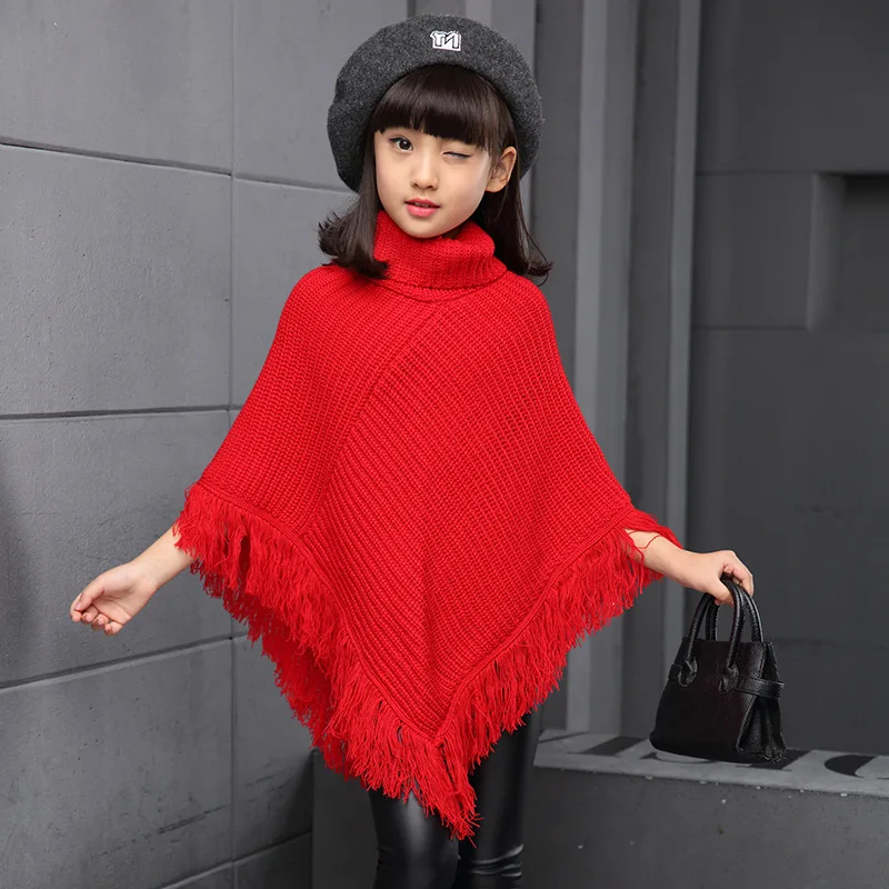 Rosiika Girls Kids Fall Knitted Pullover Sweaters Poncho Tassel Turtleneck Cloak Cape