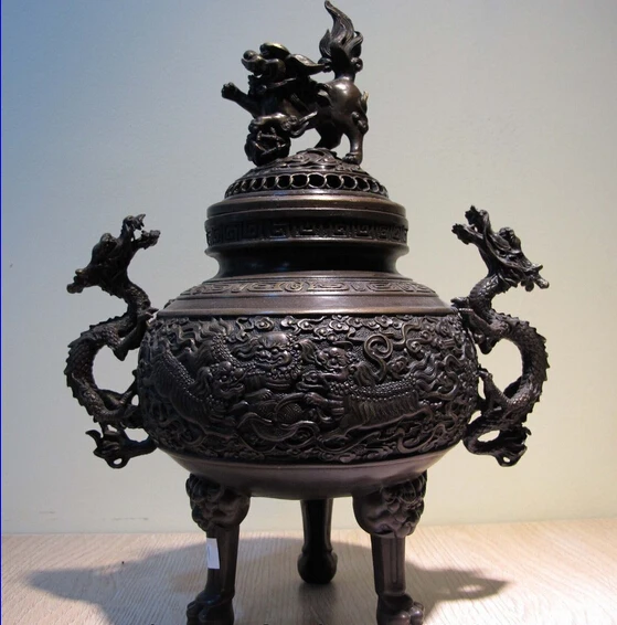 

Collectible bronze lion statue S0361 China Fane Bronze Copper Dragon Unicorn Kirin Foo Dog Lion Incense Burner Censer