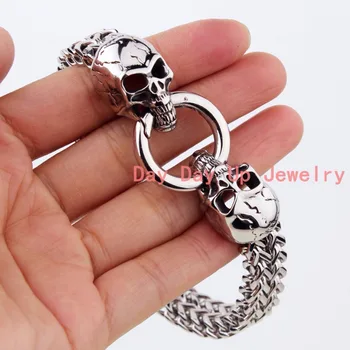 

8.26"*12mm 75g Popular Jewelry 316L Stainless Steel Silver Polished Double Skull Clasp Flat Figaro Chain Men's Bracelet Bangle