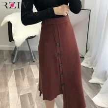 RZIV Осенняя Женская юбка Повседневная однотонная декоративная Трикотажная асимметричная юбка с пуговицами