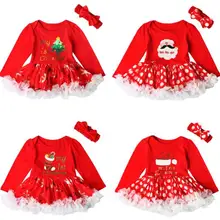 Для маленьких девочек комплект одежды для новорожденных мой первый Рождество пачка платье на Рождество кружевное+ повязка для волос два комплекта