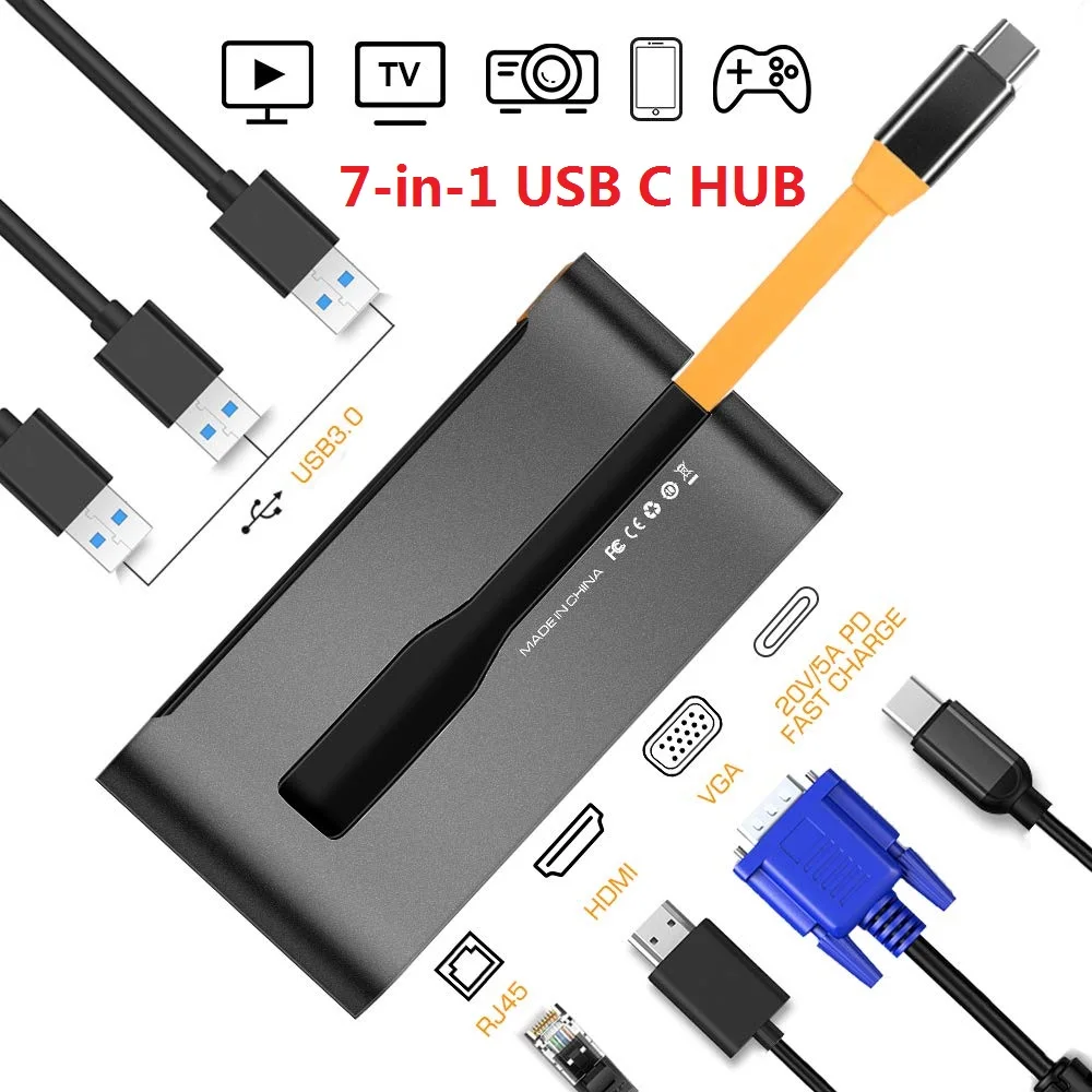 James Donkey 7 в 1 USB C концентратор Thunderbolt 3 концентратор Универсальная док-станция для ноутбука с HDMI/VGA и Gigabit Ethernet для Apple