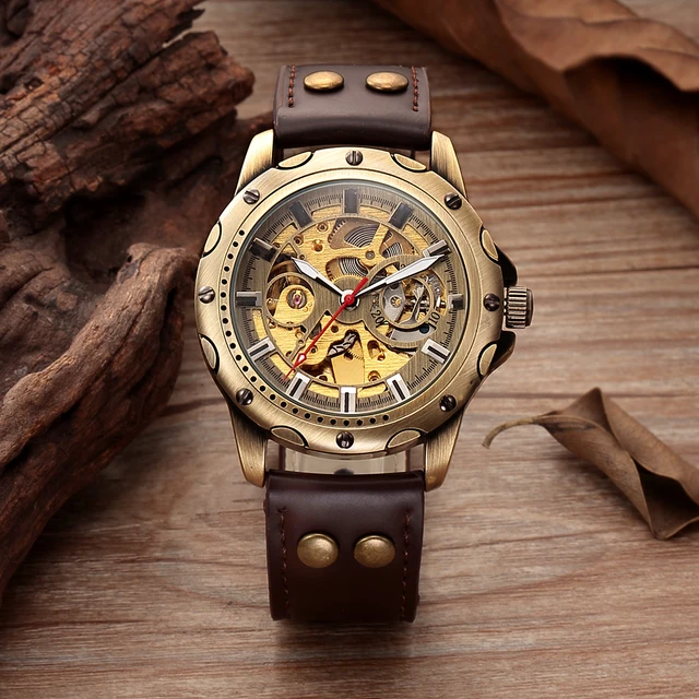 SHENHUA Retro Bronze Skeleton Mechanical Watch Men Automatic Watches