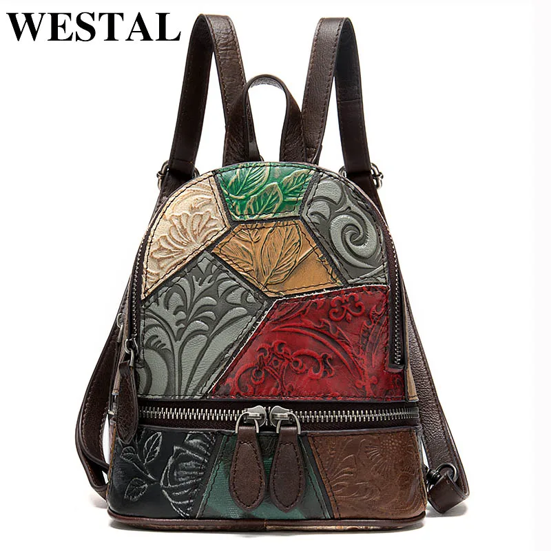 

WESTAL Floral Women Backpack Genuine Leather Female Backpack for School Bag for Girl Vintage Small/Mini Backpacks Rucksack Women