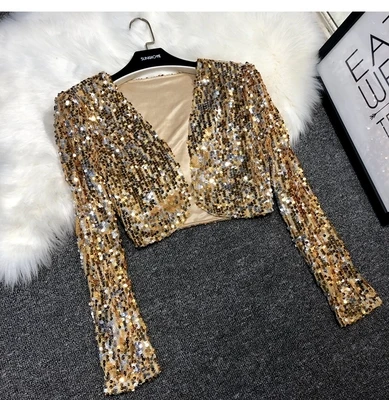 gold sequin crop top long sleeve