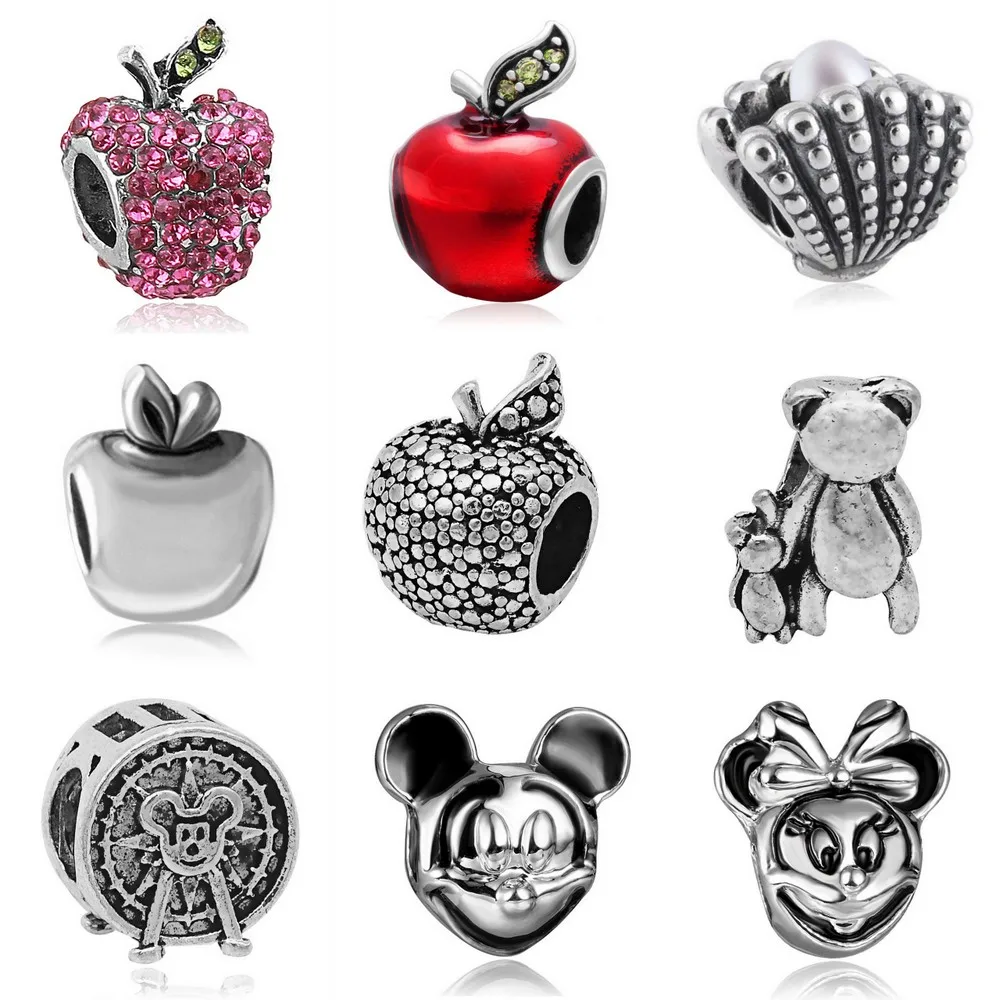 

New European Silver Plated Bead Charm Apple Bear Ferris wheel Shell Mickey Minnie DIY Pendant Fit Women Pandora Bracelets
