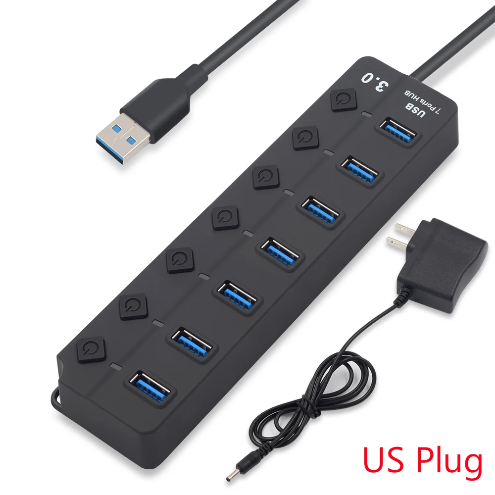 Usb-хаб 3,0 высокоскоростной 4/7 порт USB 3,0 концентратор разветвитель вкл/выкл переключатель с ЕС/США адаптер питания для MacBook ноутбука ПК - Цвет: 7 ports US Plug