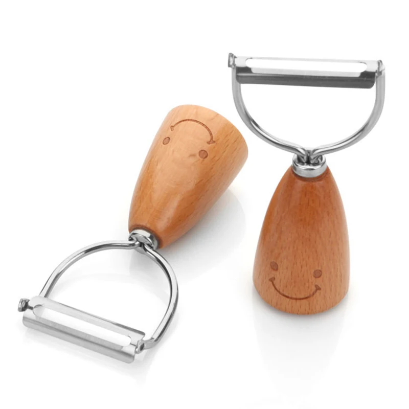 

QuickDone Stainless Steel Fruit Vegetable Potato Peeler Wood Smiley Face Handle Slicer Cutter Cabbage peeler salad peeler KC1668