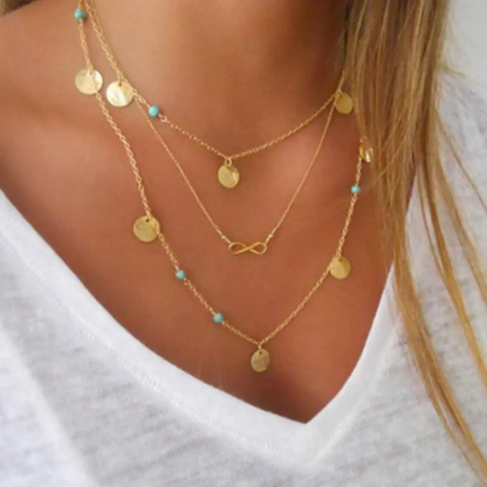 

FAMSHIN New Multi Layer Chain Gold Color Tassel Infinity Necklace for Women Jewellery Multi-layer geometry 8-word necklace