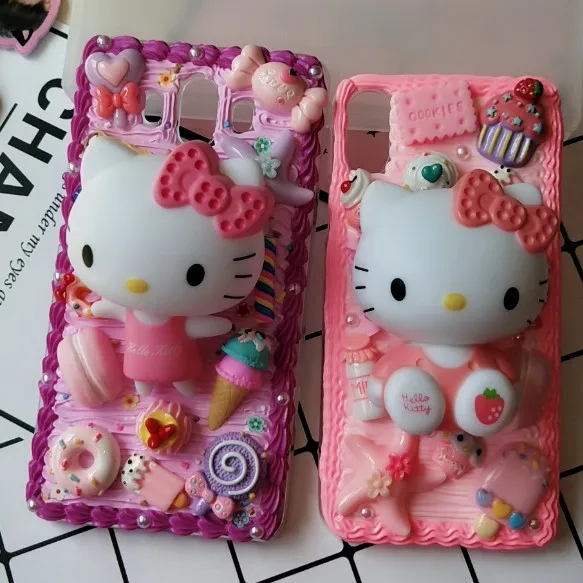 

DIY case For iPhone 8 7 plus handmade cream case girl gift for iPhone X/XS Max XR 3D Hello kitty phone cover for 5 6 6s plus