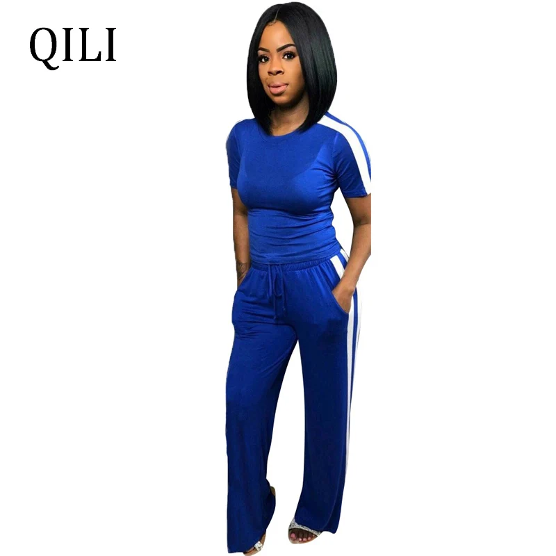 

QILI Women Black Blue Red Green Yellow Jumpsuits Short Sleeve Striped Patchwork 2 Piece Set Casual Jumpsuit Wide Leg Plus Size