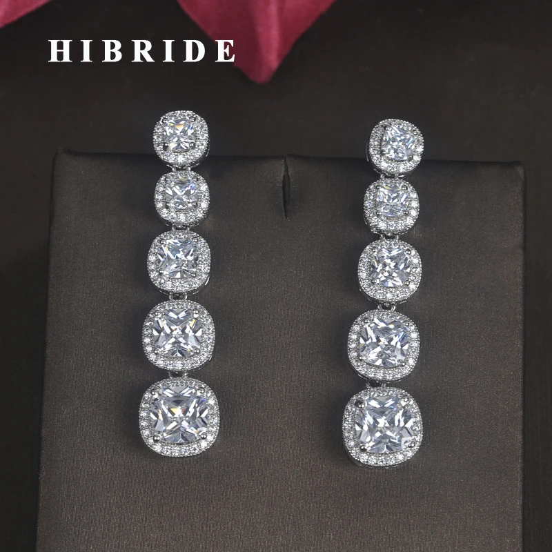 

HIBRIDE Brilliant Crystal Round Cut CZ Stone Clear Long Drop Earrings Women Bride Party Show Jewelry Wholesale Price E-665