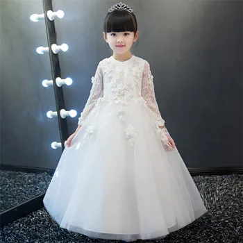 

2018 Spring New Children Girls Noble Luxury White/Pink Birthday Wedding Party Embroidery Lace Long Dress Kids Babies Prom Dress