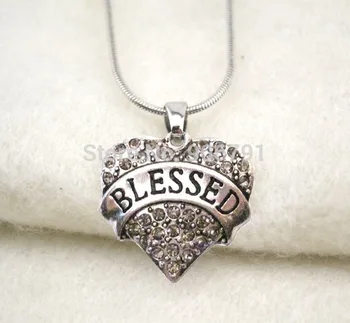 

fashion 50pcs a lot rhodium plated BLESSED with CLEAR crystal heart pendant necklace