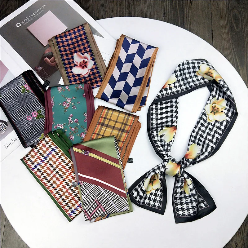 Spring Summer Retro Skinny Scarf Women Multicolor Flower Design Print Kerchief Woman Head Neck Satin Scarves Wraps | Аксессуары для