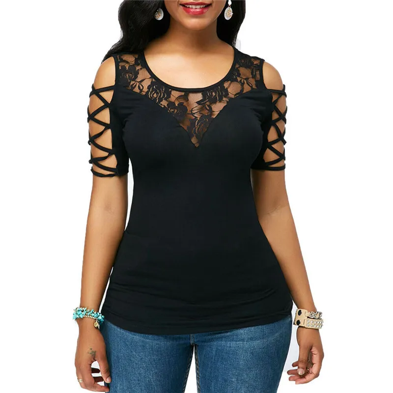 

Plus Size Women Summer T-Shirts Vintage Elegant Black Lace Tops Short Sleeve Ladies Shirt Casual Tee Fashion Clothes S-2XL