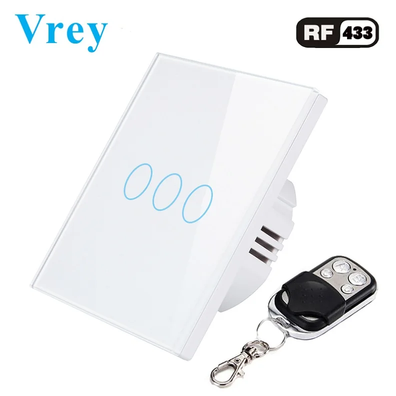 Vrey EU Smart Touch Switch,remote control wall switch,AC110V-220V light switch,Tempered Glass Crystal Panel and 1-3 gang 1 way - Цвет: VR-RF-03X white