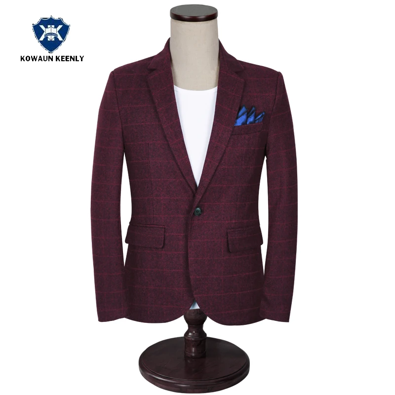 Stylish Men's Casual Slim Fit One Button Suit Jacket Wine Red Plaid