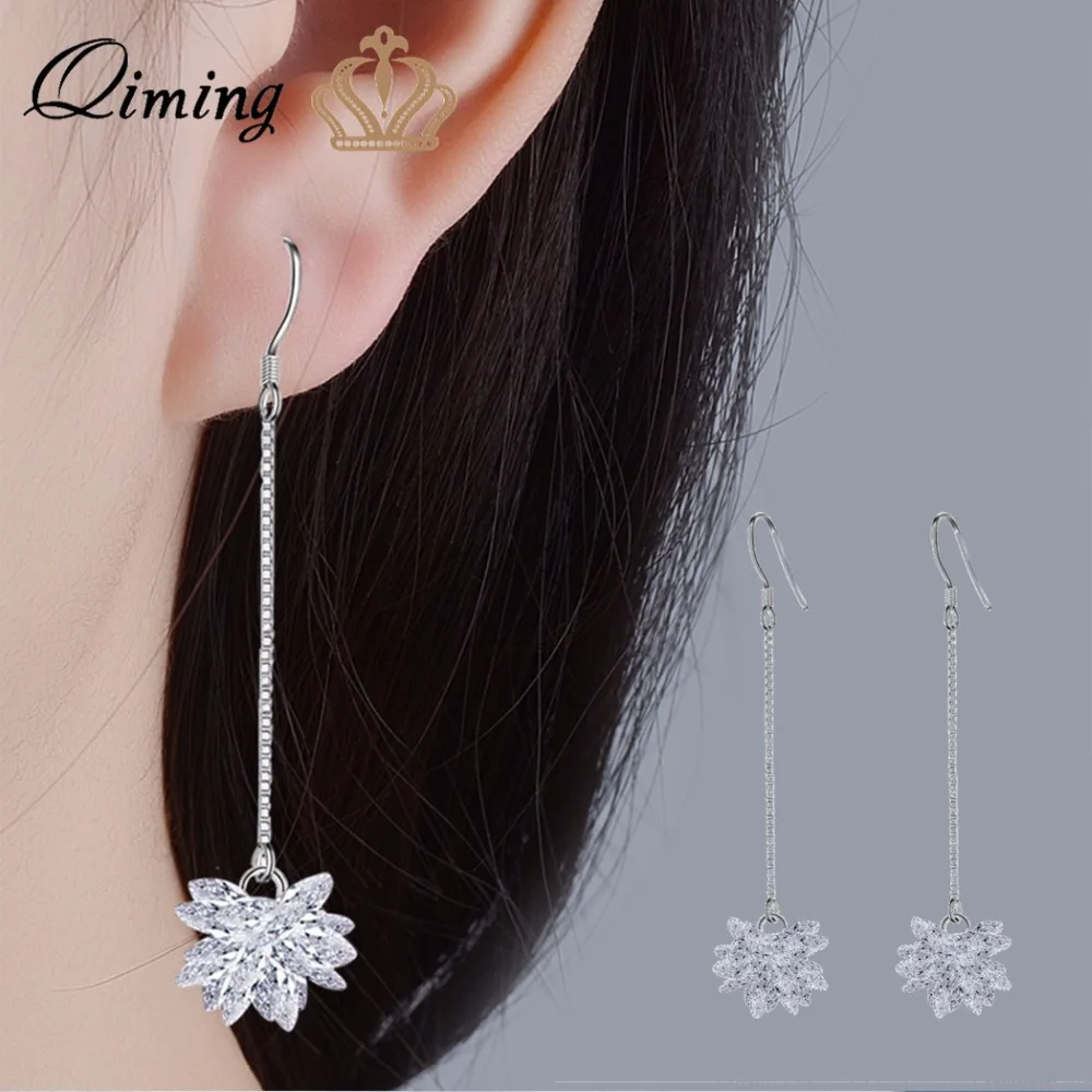 

QIMING Pure Ice Flowers Zircon Earrings Silver Long Chain Link Modern Trendy Drop Dangle Women's Earrings Nice Earring Gift