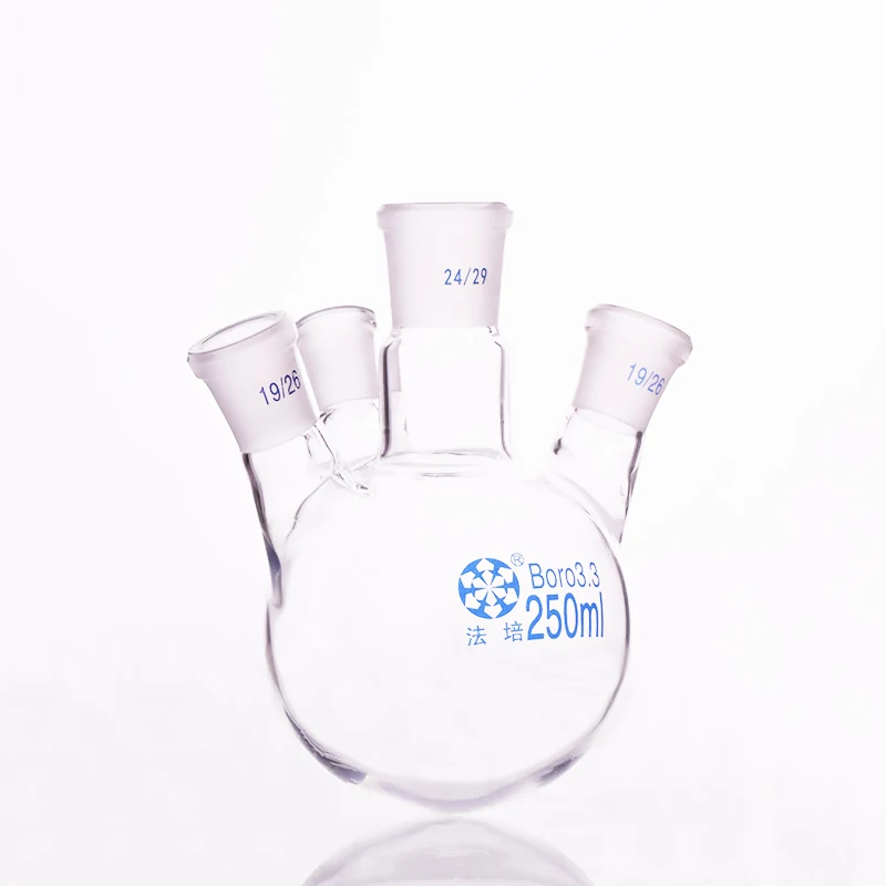 

Four-necked flask oblique shape,with four necks standard grinding mouth,Capacity 250ml,Ground mouth 24/29+19/26+19/26+14/23