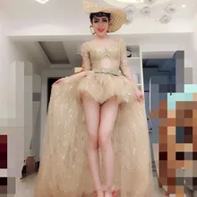 Новая женская сексуальная одежда с блестками Золотой боди для ночного клуба DS шоу день рождения одежда джаз танцевальный костюм Женская певица бар наряд