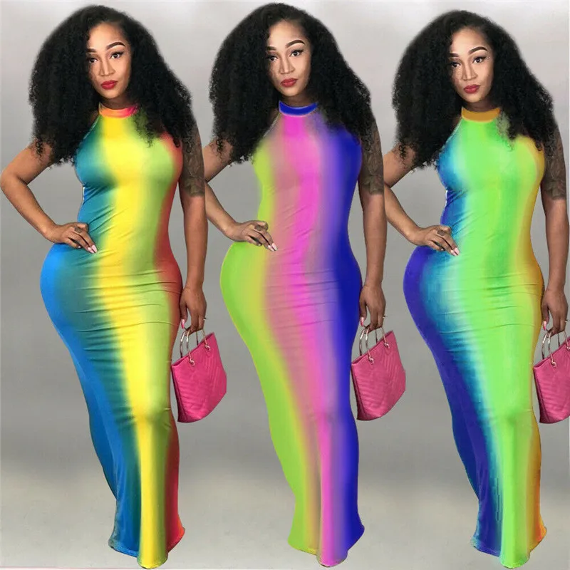 

Elegant Women's Formal Long Dress Sleeveless Bodycon Long Sheath Dress Lady Halter Pencil Dress Tie Dye Backless Women Dress