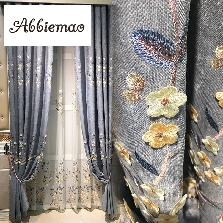 

Abbiemao Modern Pastoral Embroidered Chenille Curtain For Living Room Bedroom High Shading Curtain And Matched Embroidered Tulle