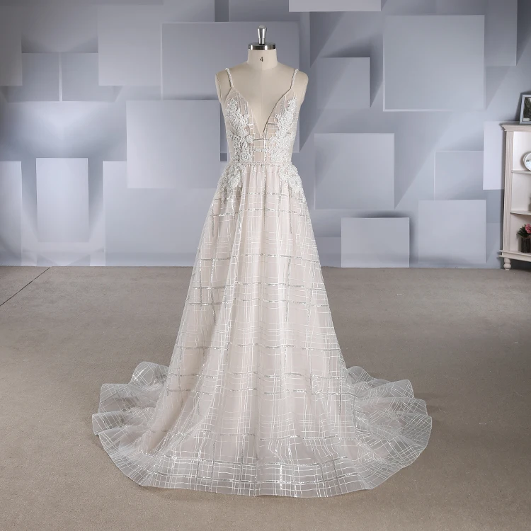 

Rosabridal A line Wedding Dress 2018 Bohemian Style deep V neck Spaghetti Strap backless beading lace appliques embroidery gown
